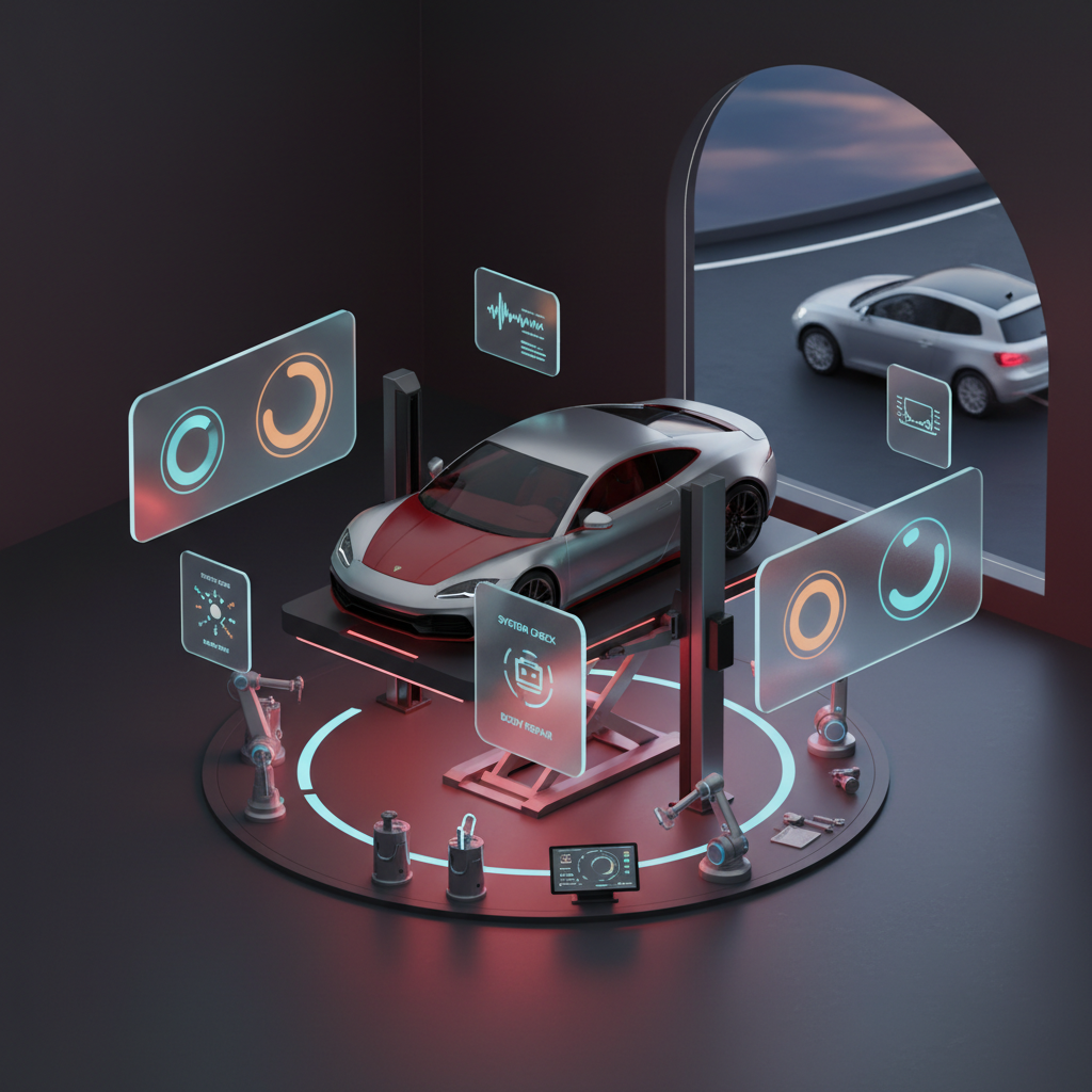 Car being professionally repaired on a lift with courtesy car provided in the background